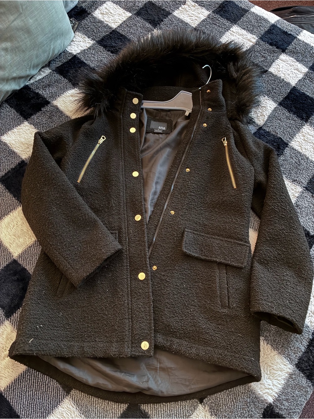 a.n.a Black Faux-Fur Trim Pea Coat Parka